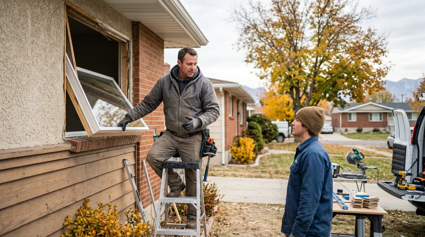 Homeowner reviewing new double hung window options during a Kearns estimate visit