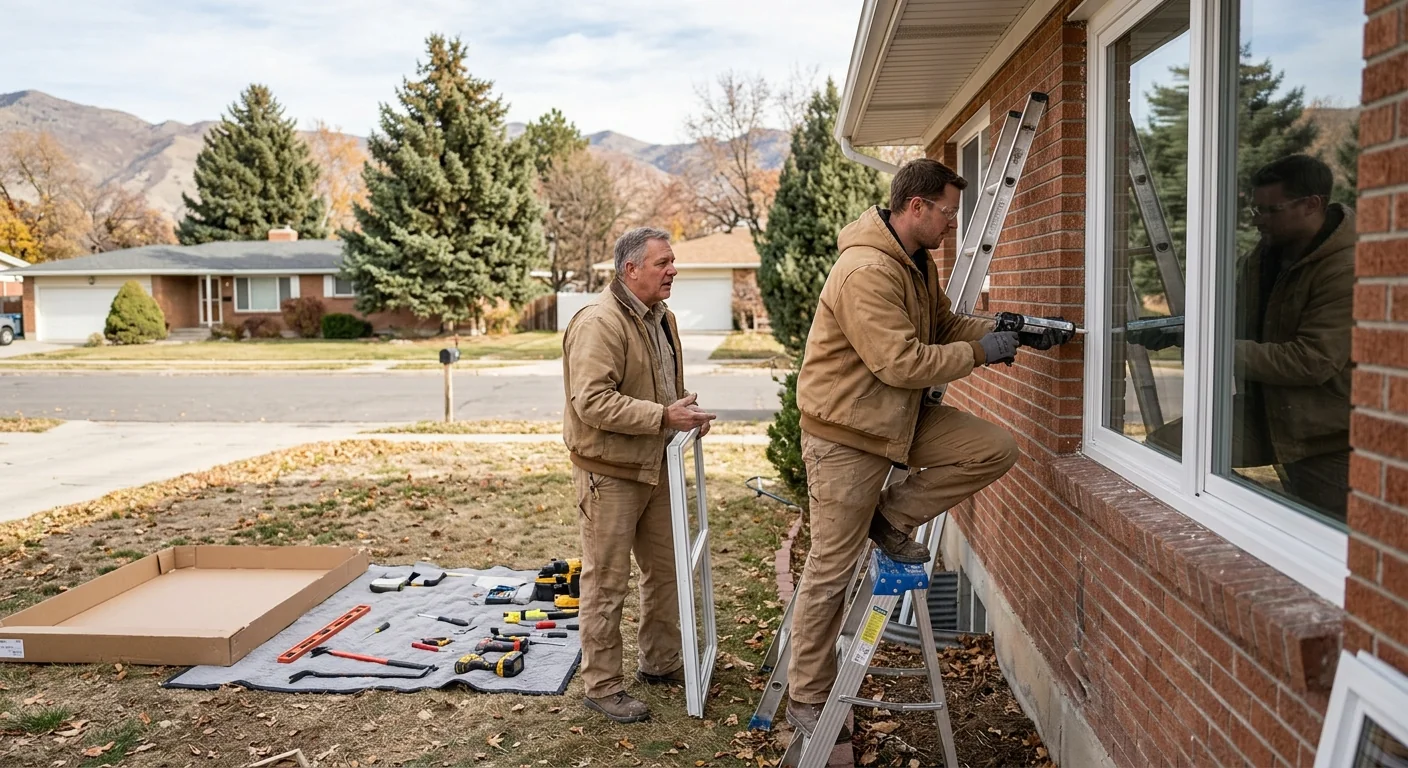 Installer fitting a new double hung window in a Kearns home