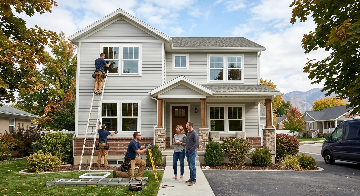 Wide shot of a two-story home front elevation with replaced double hung windows