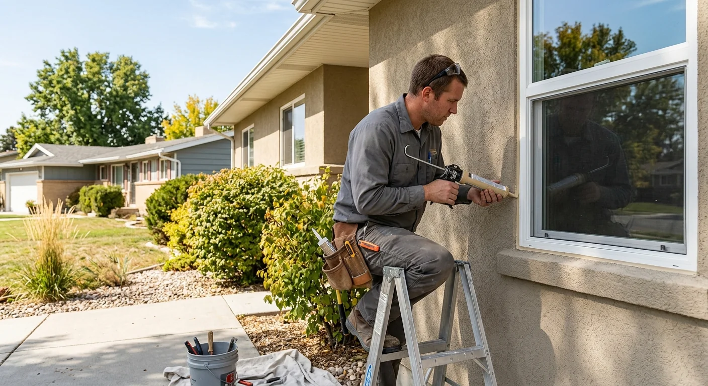 Installer sealing a double hung window frame with exterior caulk on a sunny day