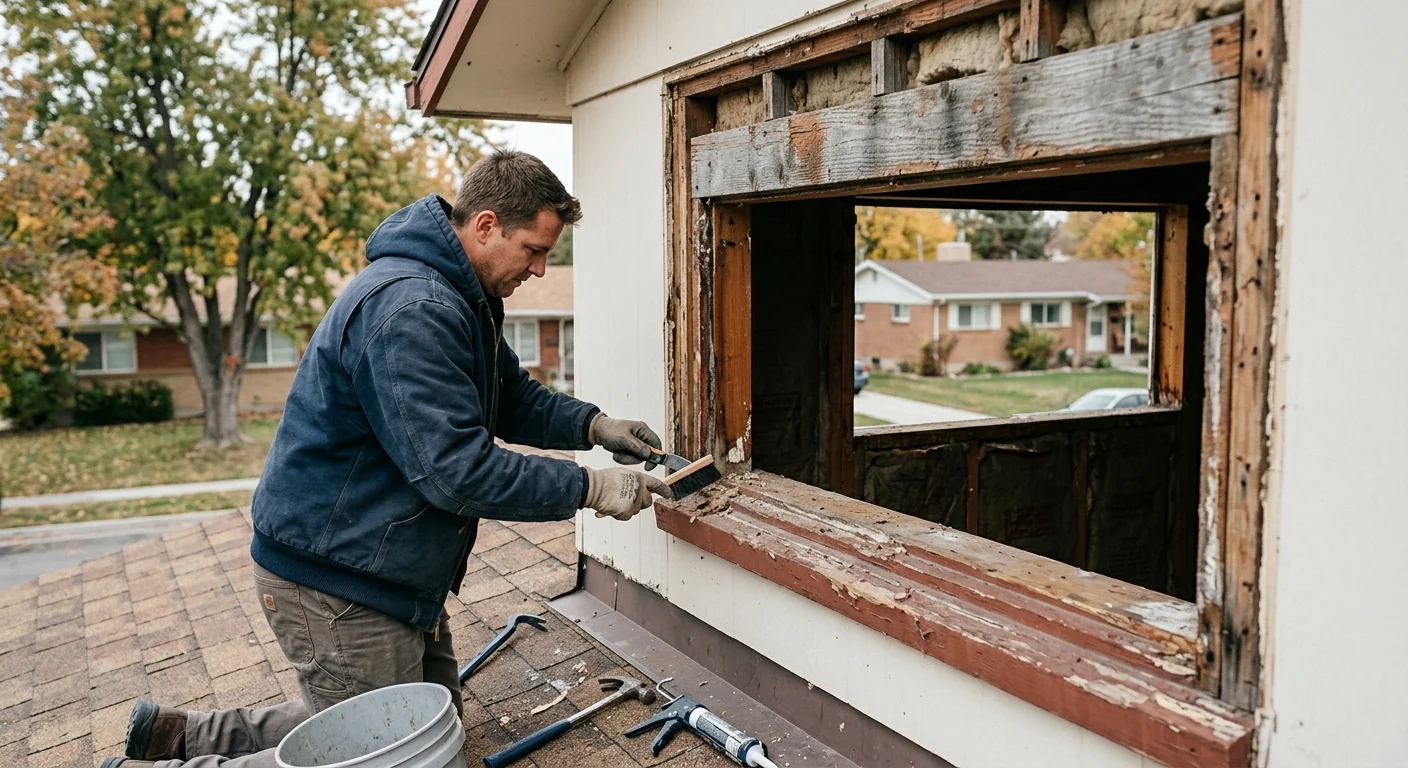 Old worn wood window removed showing the exposed rough opening before replacement