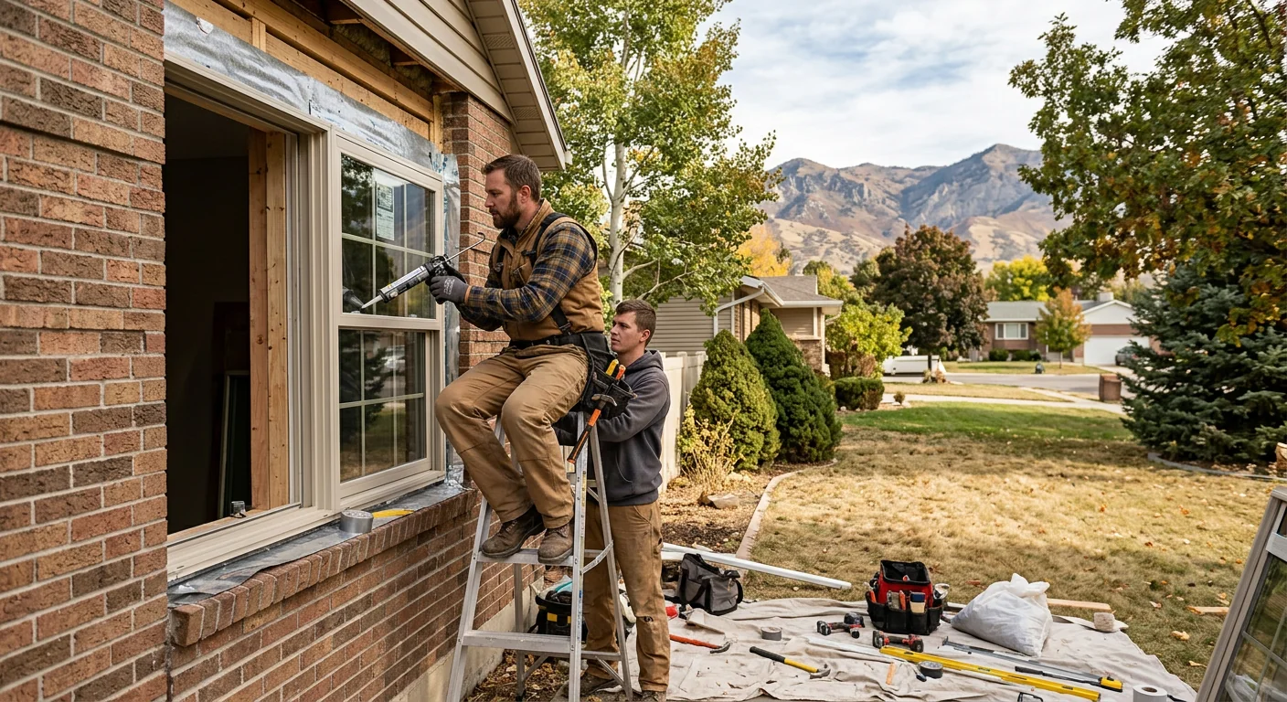 Technician reviewing a completed double hung window install with a Kearns homeowner