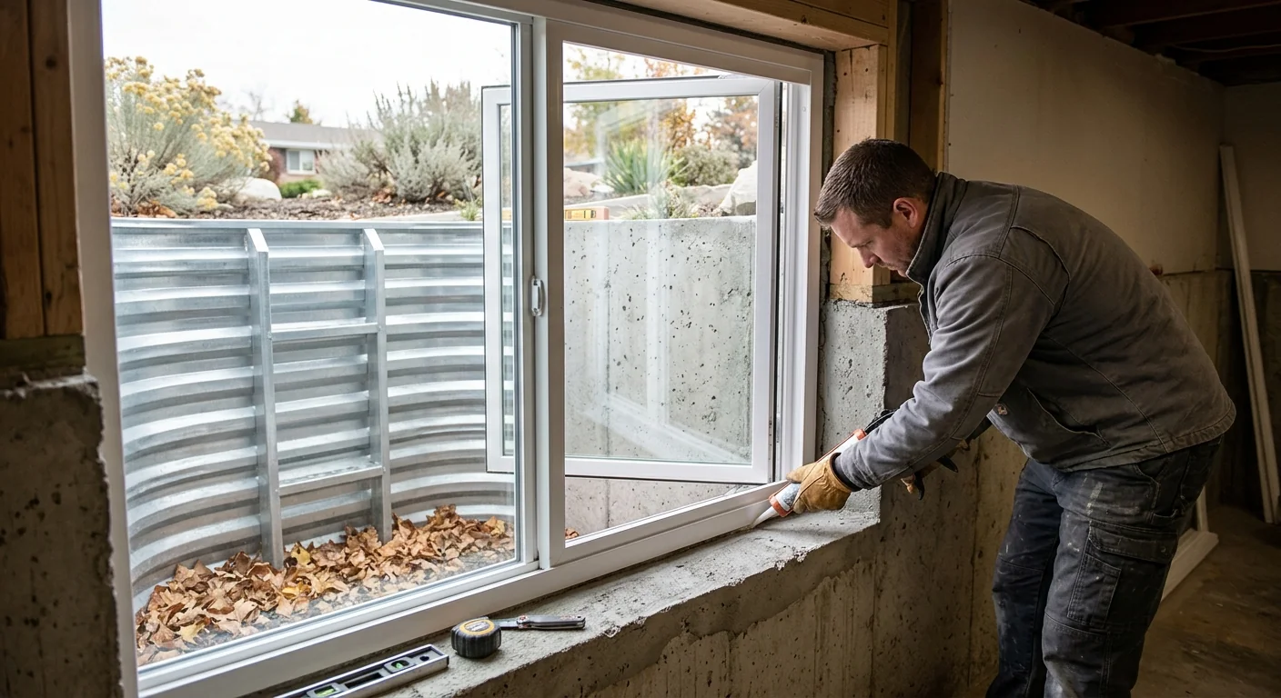 Close-up of a newly installed egress casement window in a Kearns basement wall