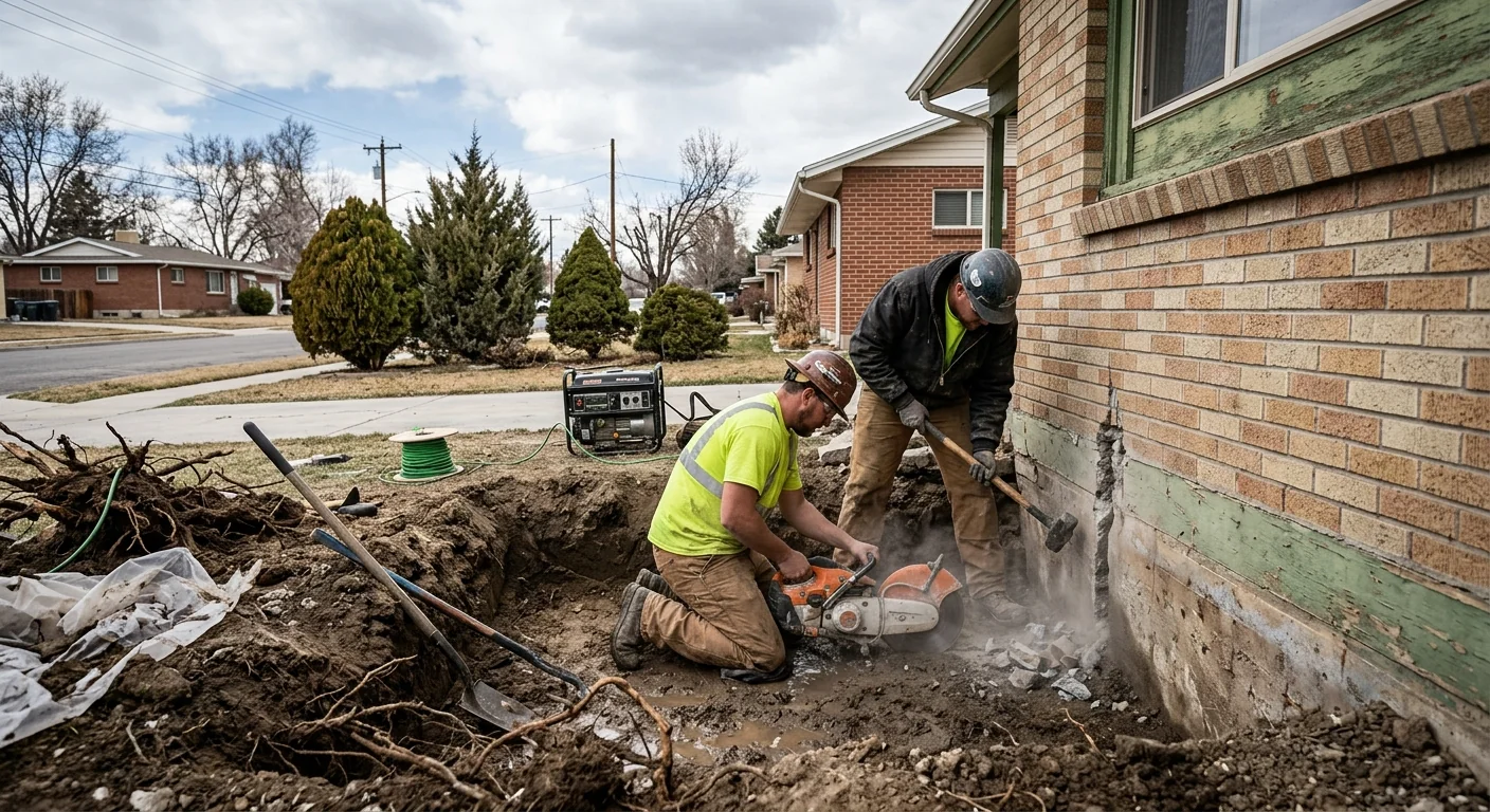 Excavation in progress showing foundation cutting for a below-grade egress opening