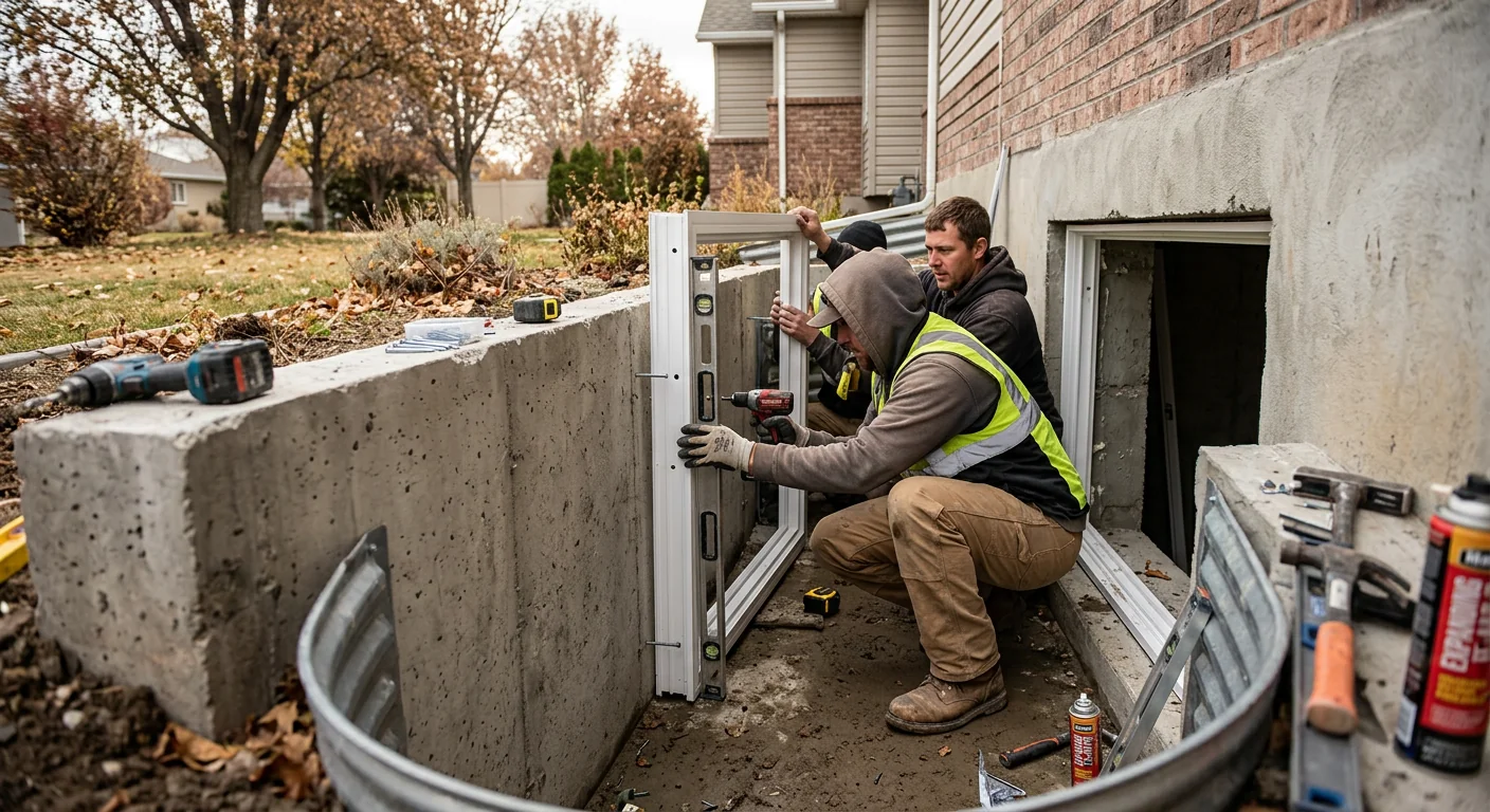 Crew leveling and securing an egress window frame into a poured concrete wall