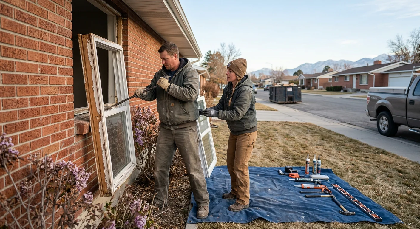 Installer sealing a code-compliant basement egress window frame at a Kearns property