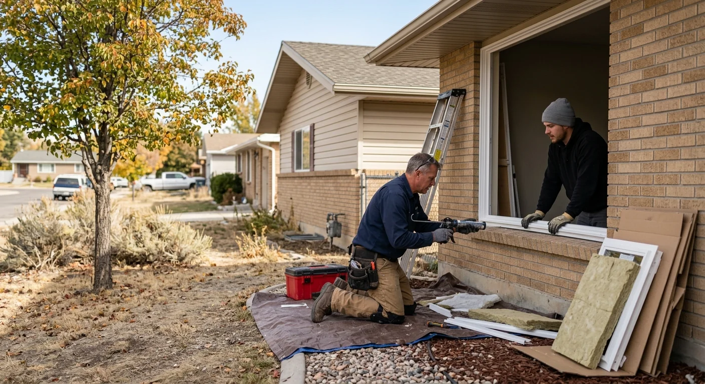 Installer fitting an insulated low-E window into a Kearns home opening