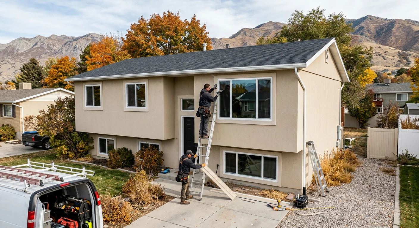 Wide shot of a split-level home with freshly replaced energy efficient windows