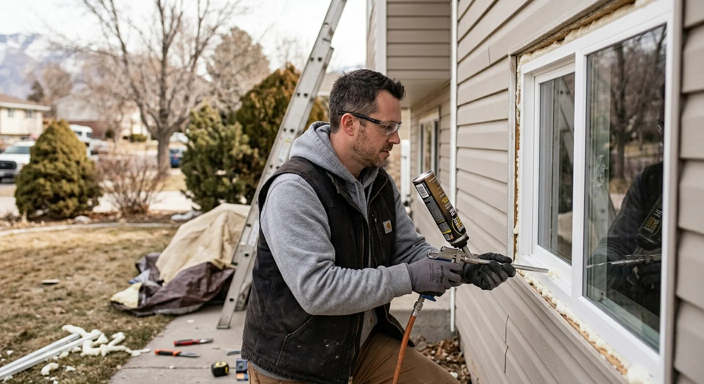 Installer sealing a window frame with insulation on a Kearns job site