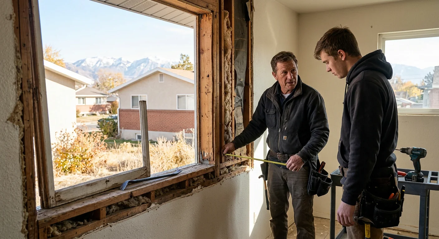 Old drafty window removed showing exposed rough opening before replacement