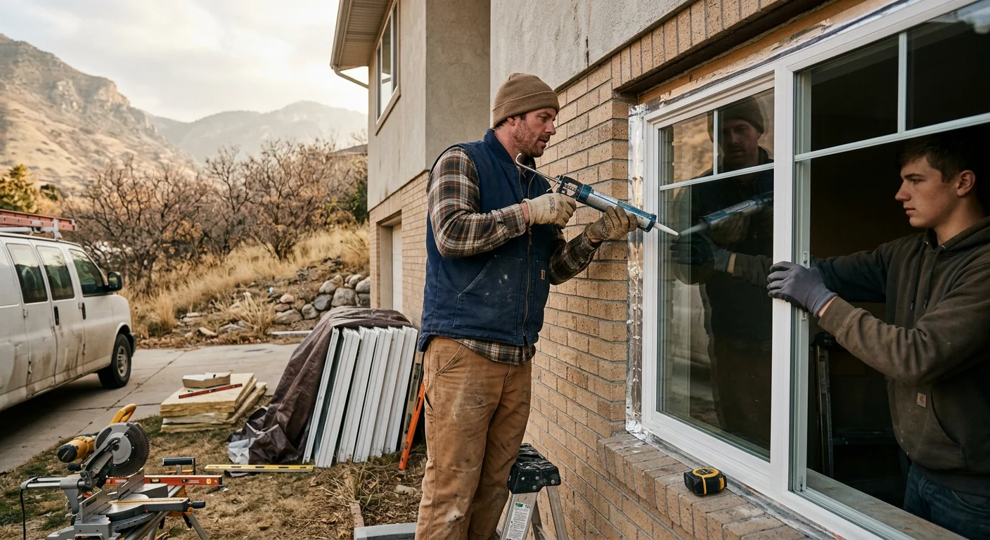 Technician reviewing finished energy efficient windows with a Kearns homeowner during walkthrough