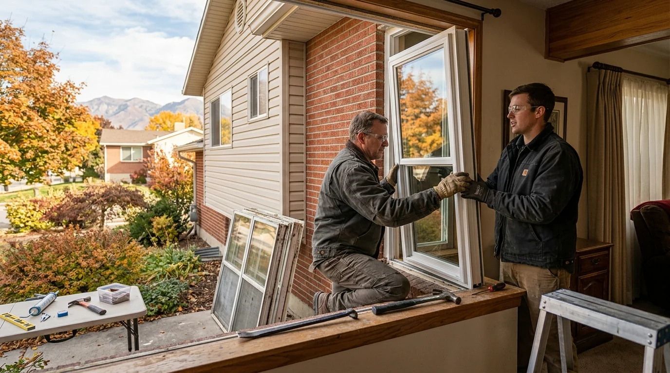 Homeowner opening a newly installed sliding glass patio door in a Kearns living room