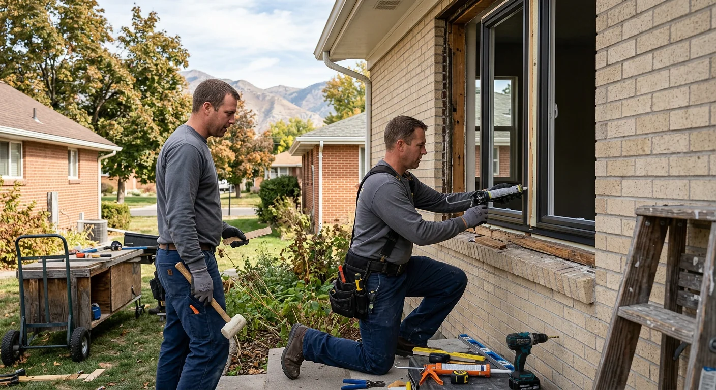 Technician installing a new sliding glass patio door in a Kearns home