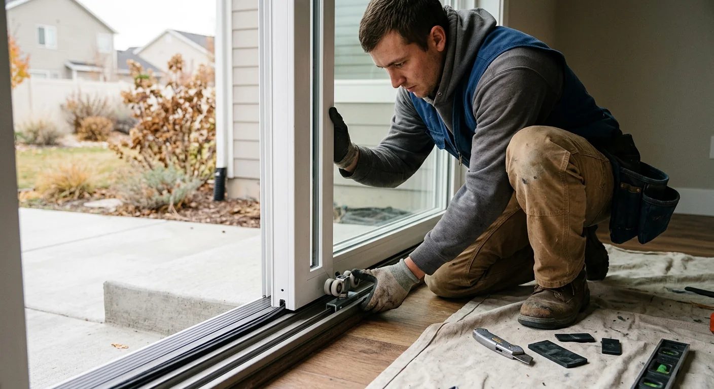 Close-up of new insulated sliding glass door track and roller in a Kearns home