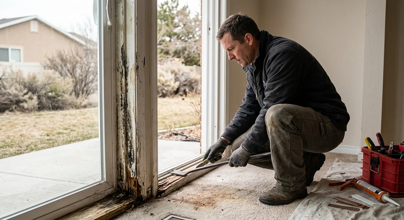 Worn sliding door frame with moisture damage before replacement