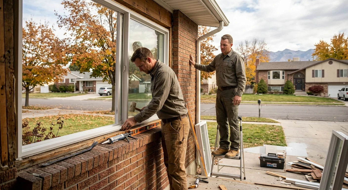 Technician measuring a home window for glass replacement in Kearns neighborhood