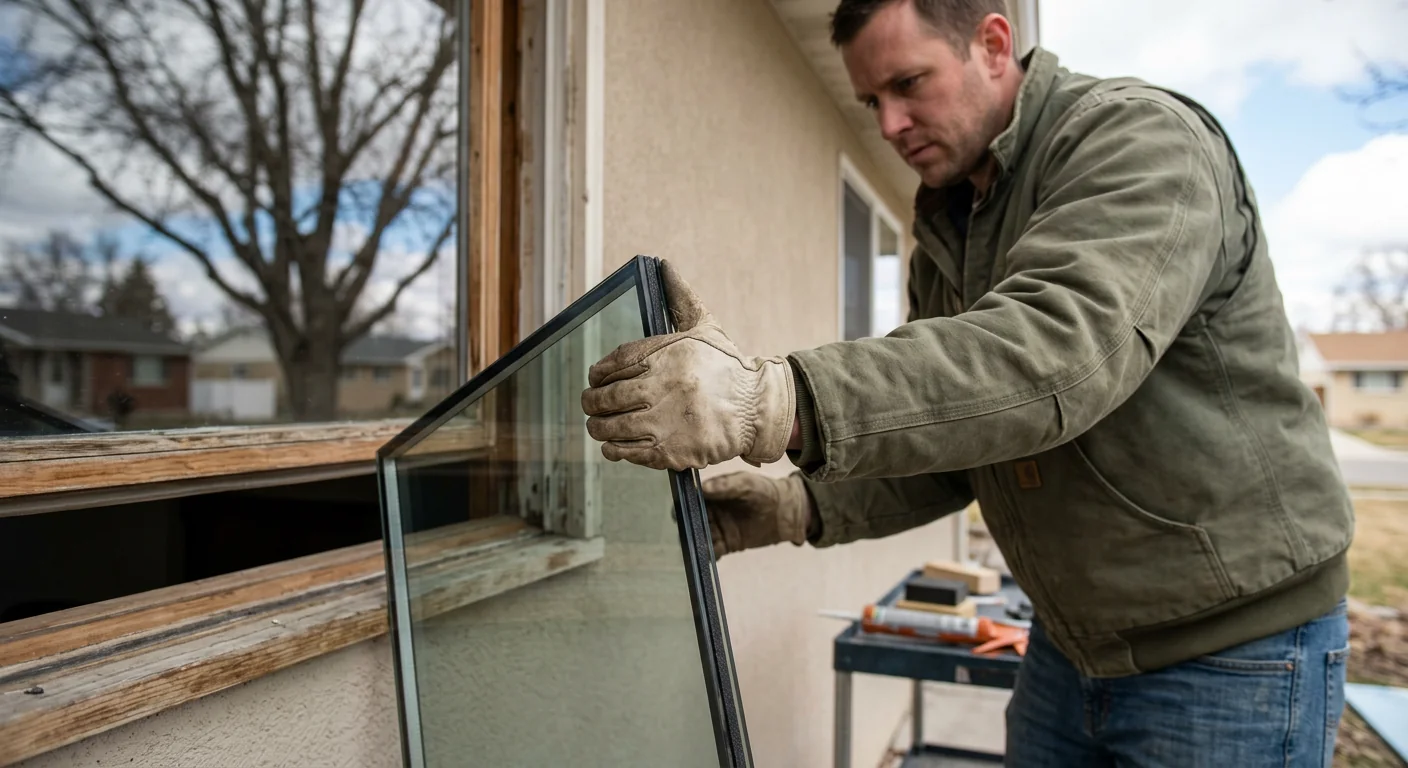 Close-up of a technician setting a new insulated glass pane into a window frame