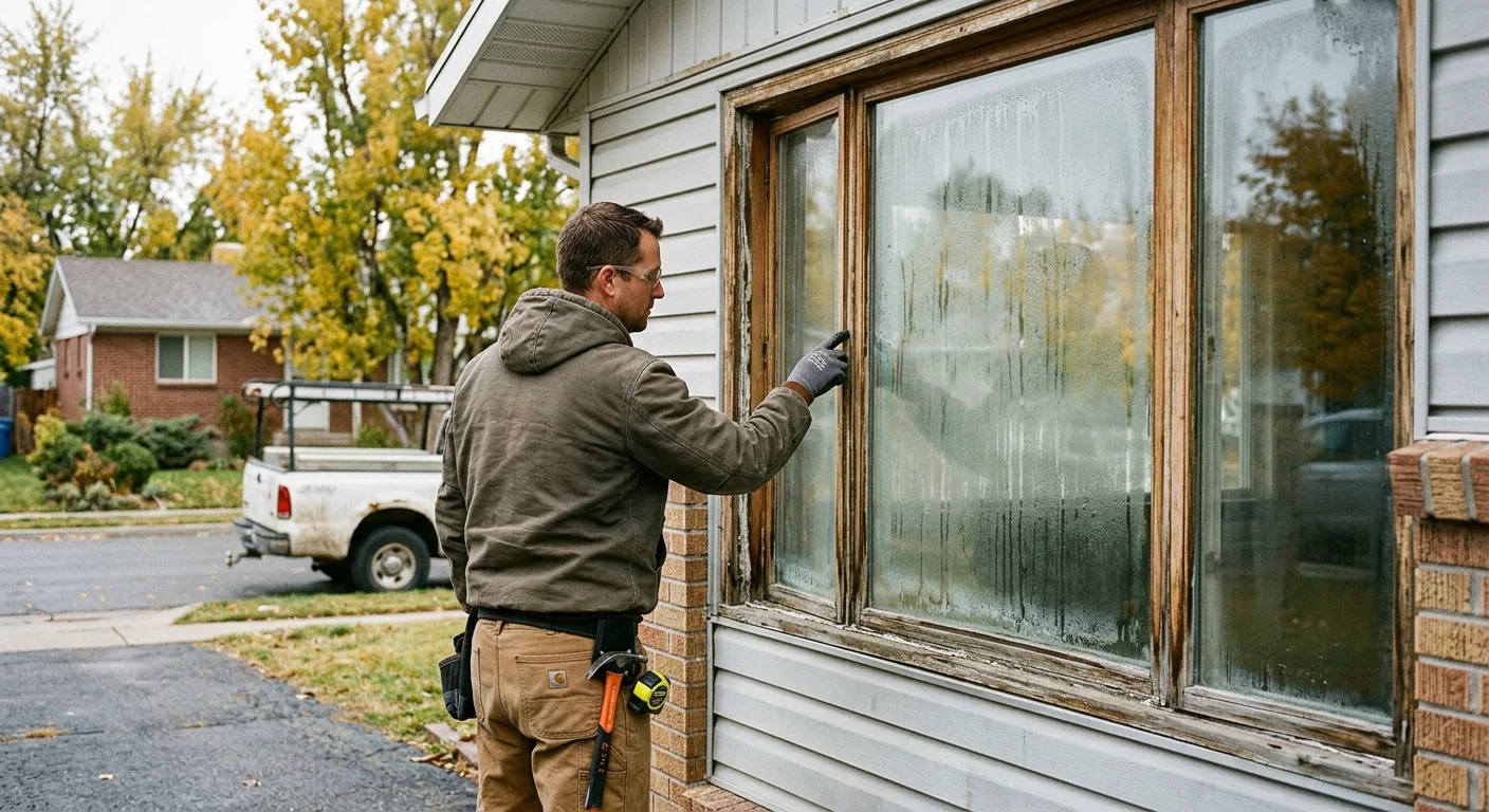 Foggy failed double-pane unit before glass replacement on an older home