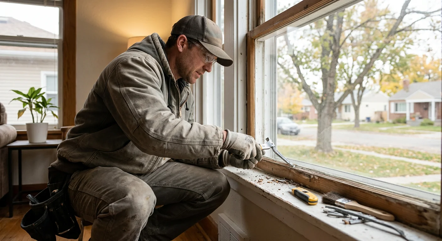 Worker clearing old glazing bead from a window stop during glass removal