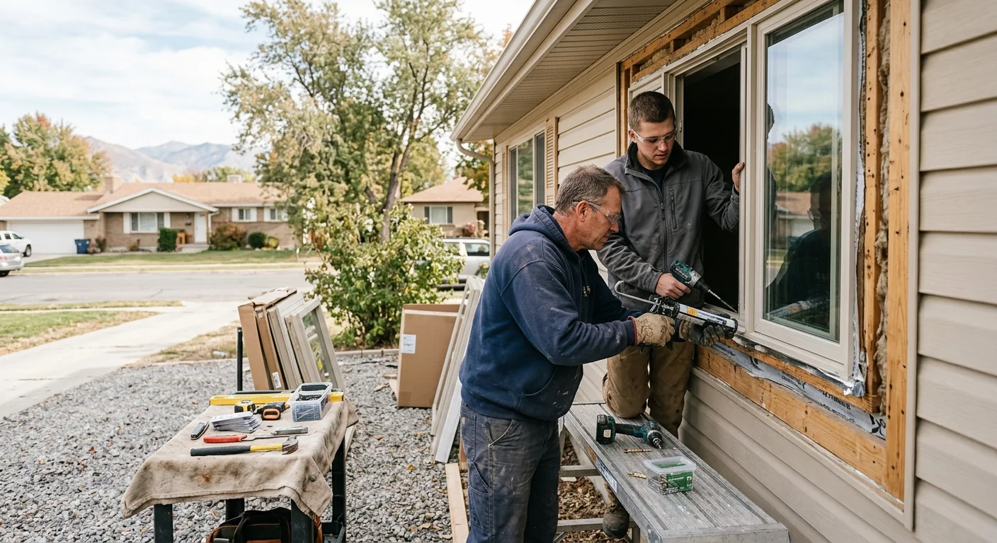 Local installer reviewing finished window glass replacement with a Kearns homeowner during a walkthrough