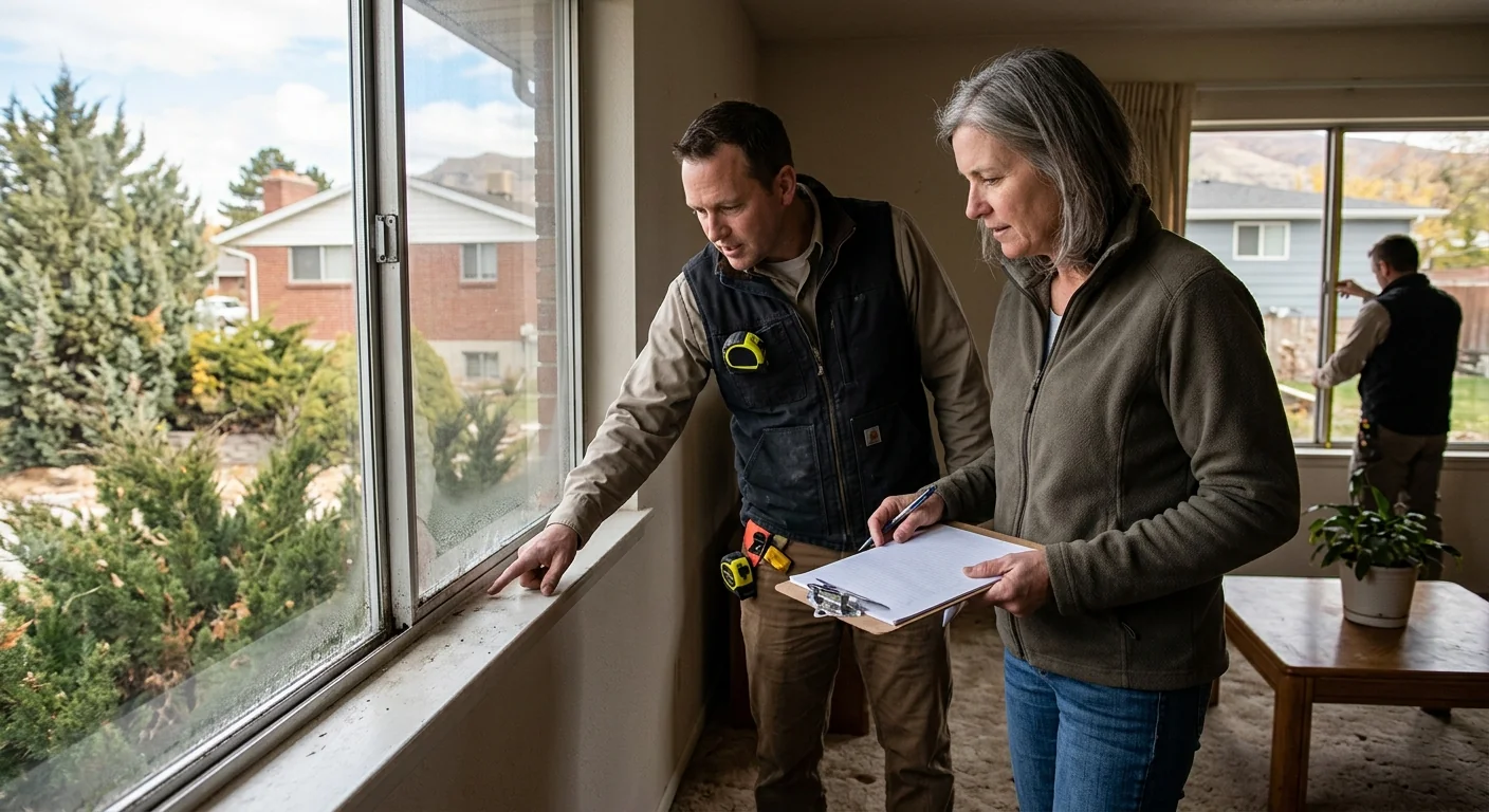 Technician measuring a damaged window frame during a repair estimate in Kearns