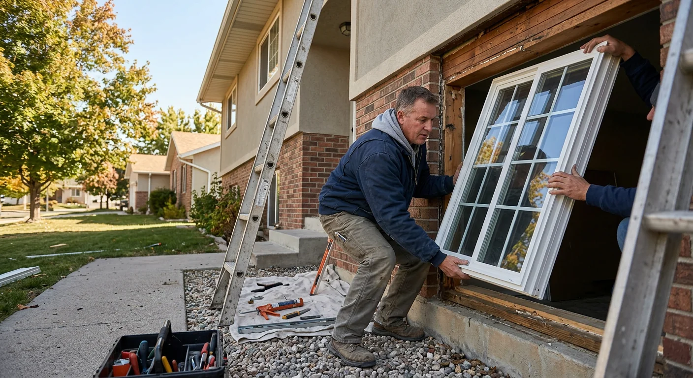 Technician repairing a foggy double hung window sash in a Kearns home