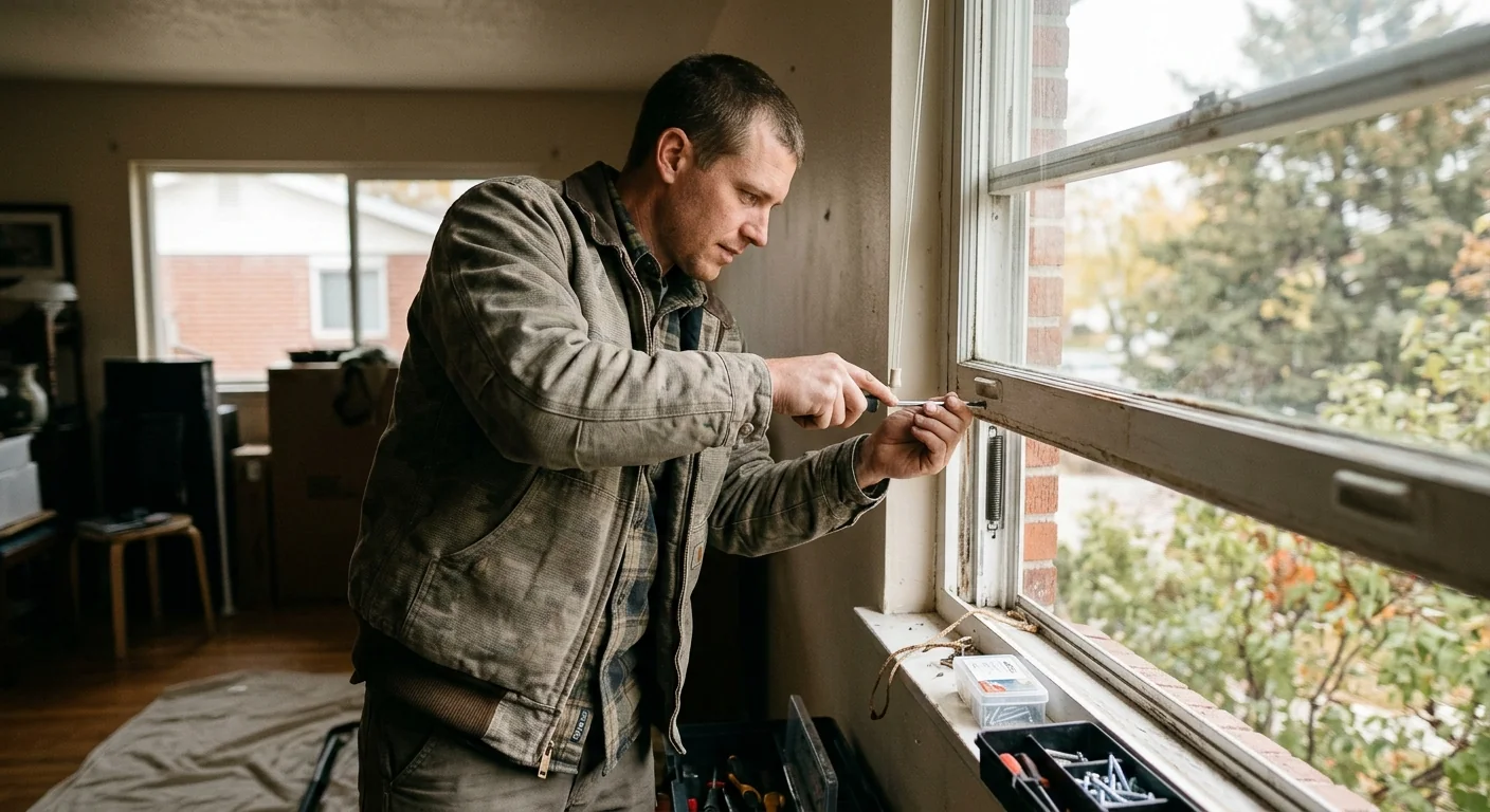 Technician replacing a worn sash balance on a double hung window