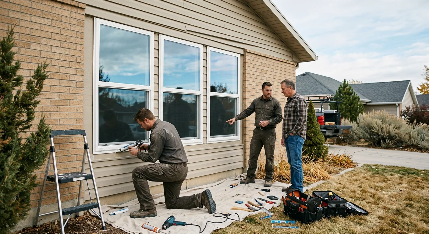 Wide shot of a ranch-style Kearns home with newly repaired front windows