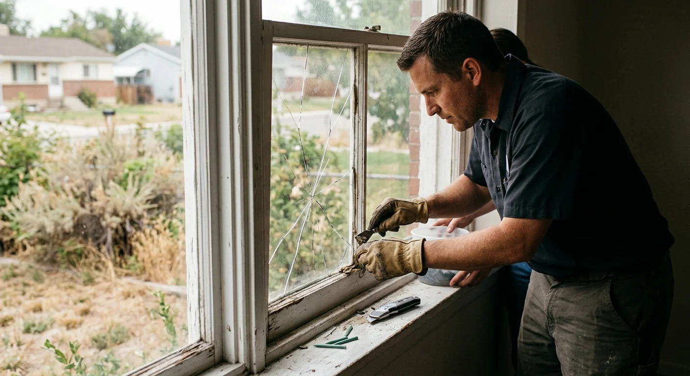 Cracked single pane before glass replacement on an older window frame