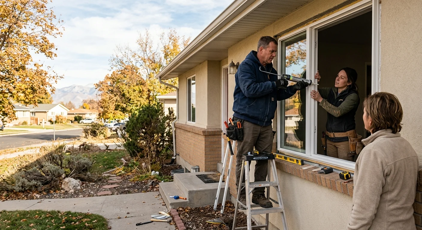 Repair specialist reviewing finished window work with a homeowner during a walkthrough