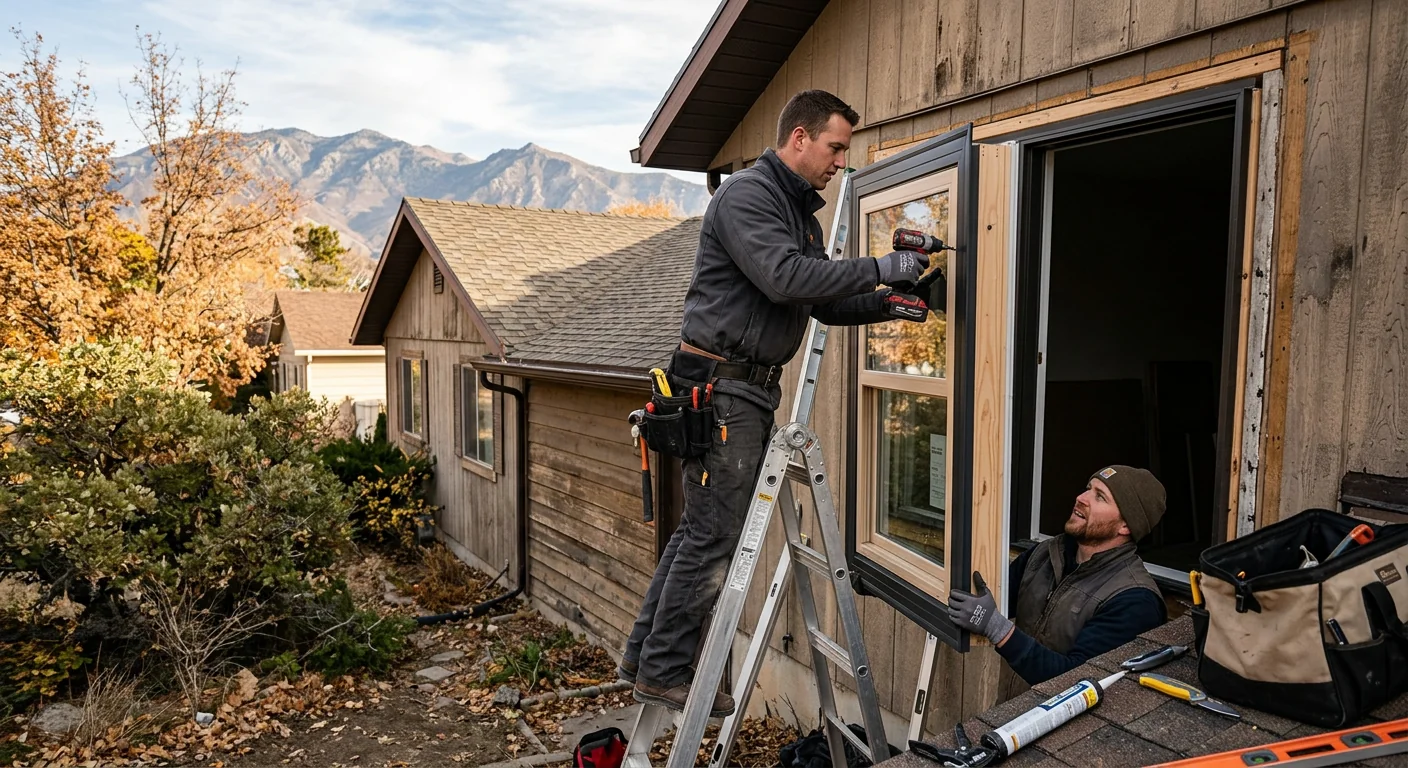 Window replacement crew installing energy efficient windows on a Kearns home