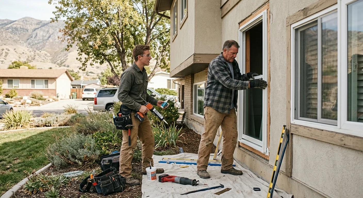 Crew reviewing window options with a homeowner during a Kearns property walkthrough