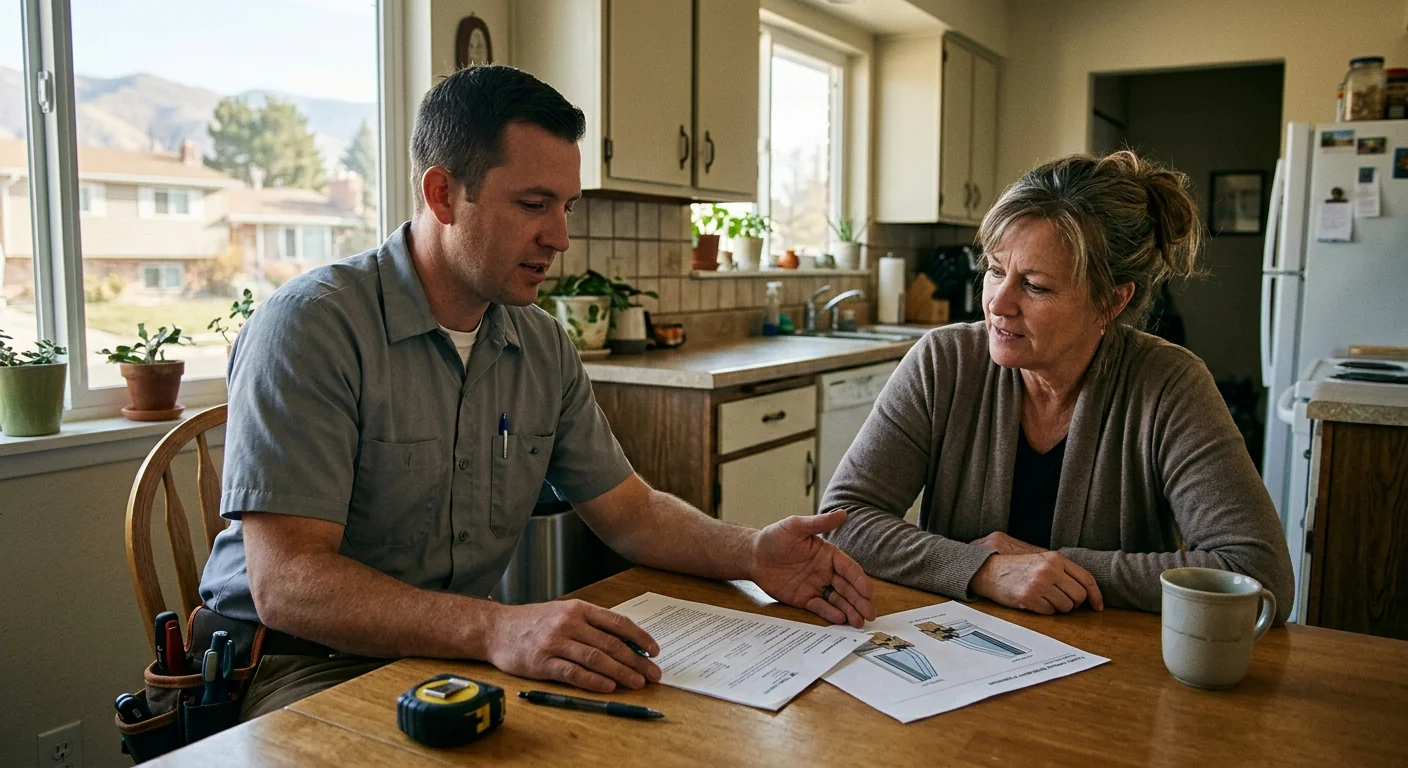 Technician reviewing a written window estimate with a Kearns homeowner at the kitchen table