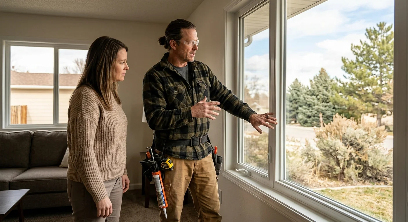 Installer completing a post-job walkthrough beside newly replaced energy efficient windows