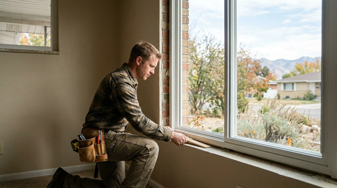 Technician measuring a double hung window frame before a Kearns replacement project