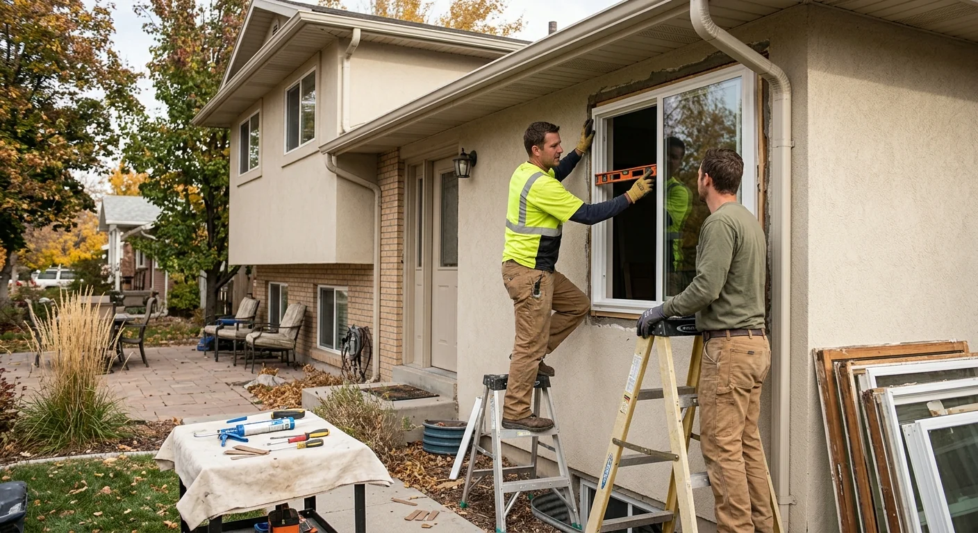 Homeowner reviewing new window options with a local replacement specialist in Kearns