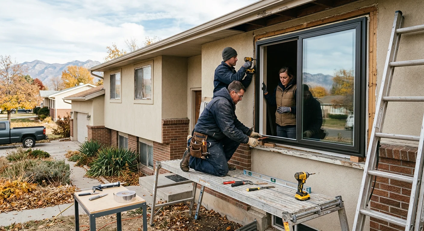 Technician measuring a window opening with a laser tool at a Kearns home
