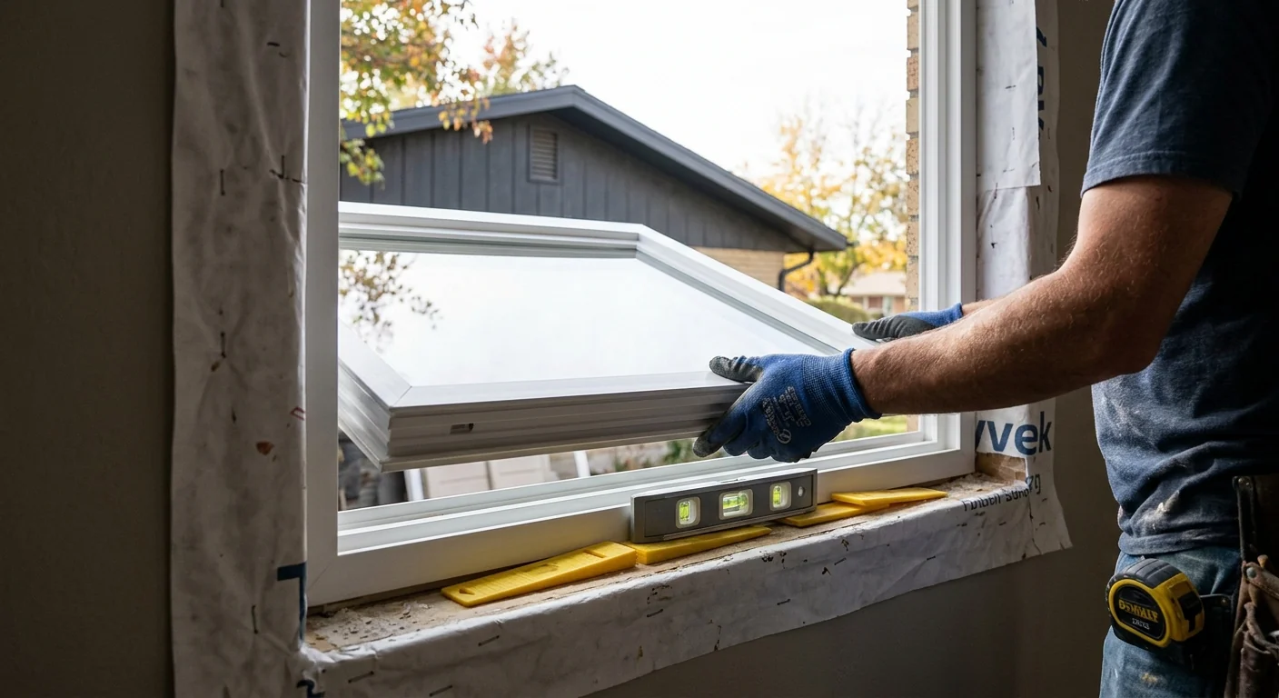 Installer setting a new window frame into a prepared rough opening