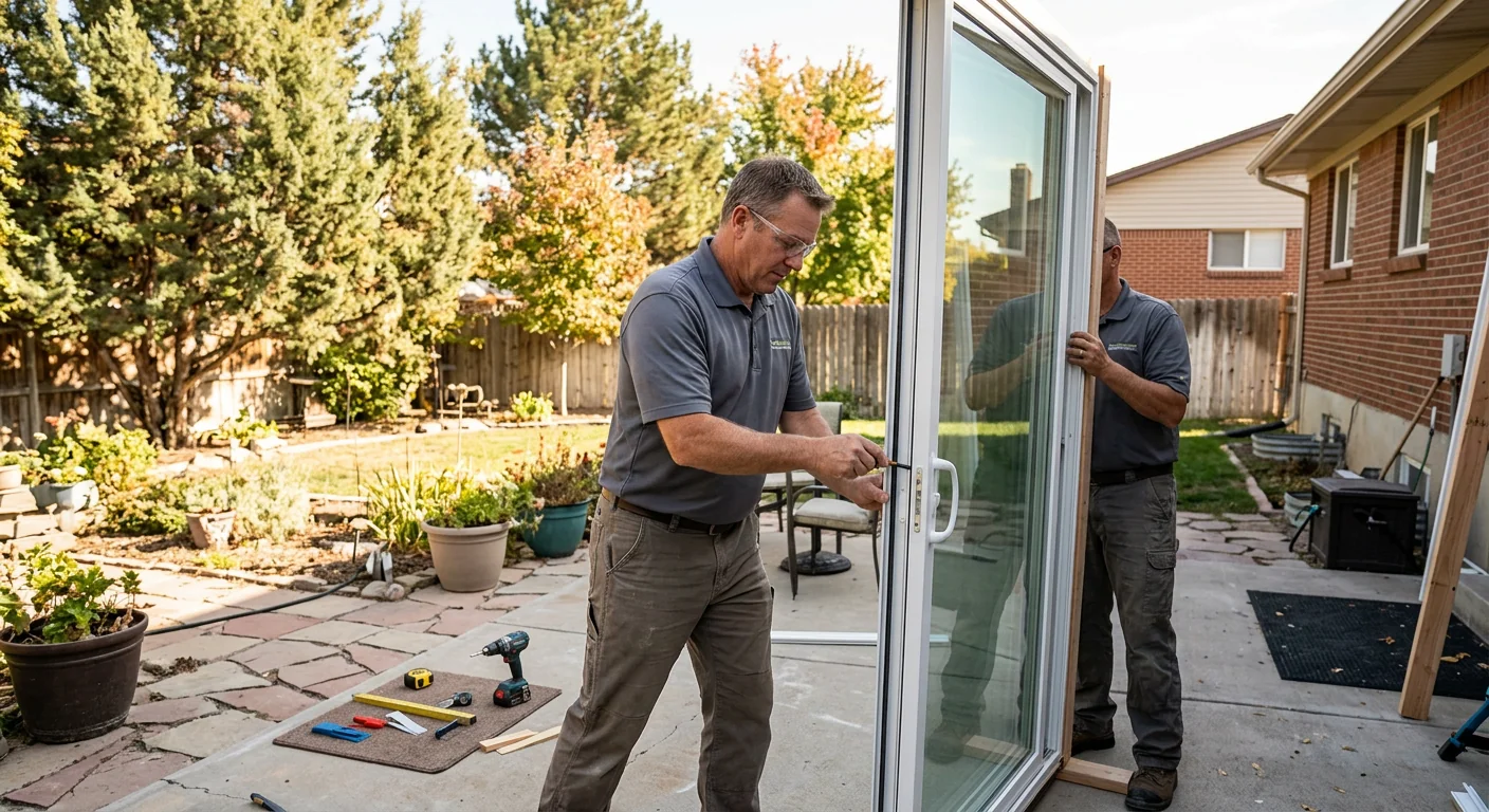 Energy efficient sliding glass door installed leading to a backyard patio