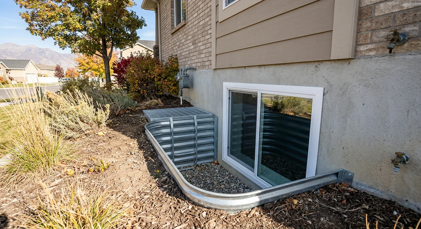 Finished egress window well with gravel base in a basement of a Kearns home