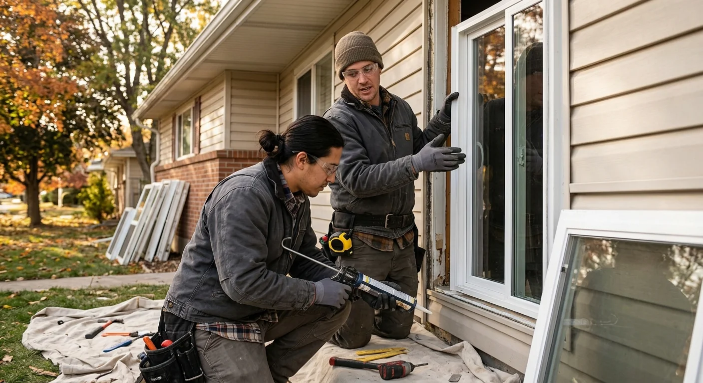 Window installer checking a level and seal on a newly set frame in Kearns