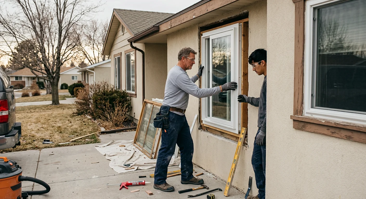 Installer confirming a new double hung window seal with a Kearns homeowner